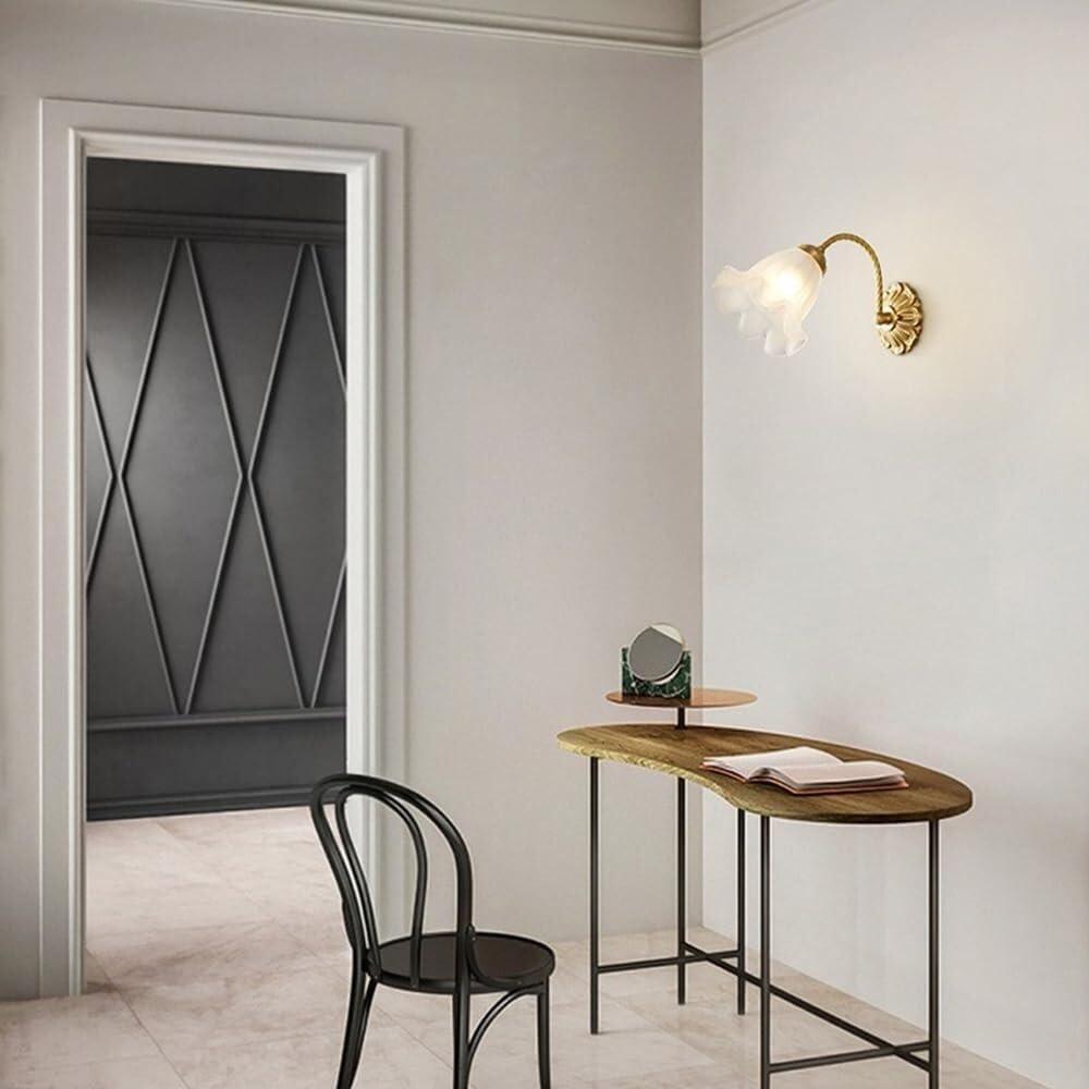 Vintage Brass Frosted‑Petal Glass Wall Sconce