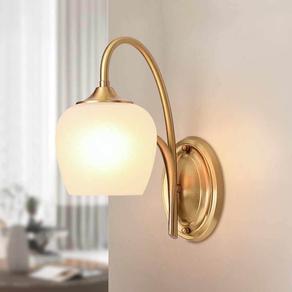 Vintage Brass Frosted‑Glass Gooseneck Wall Sconce