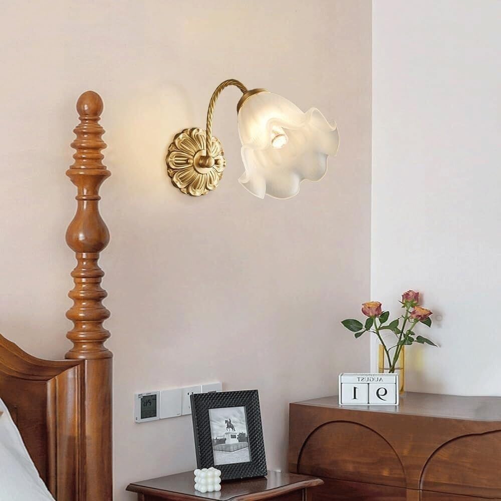 Vintage Brass Frosted‑Petal Glass Wall Sconce