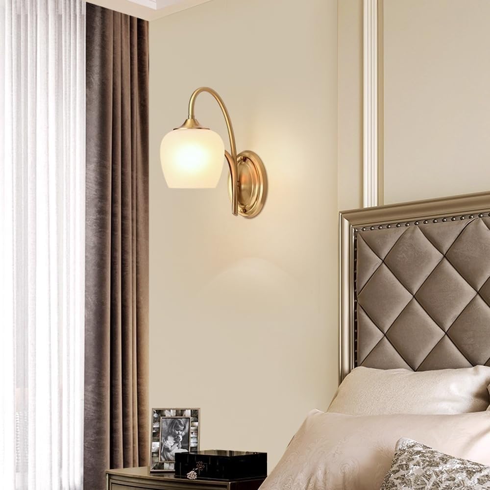 Vintage Brass Frosted‑Glass Gooseneck Wall Sconce