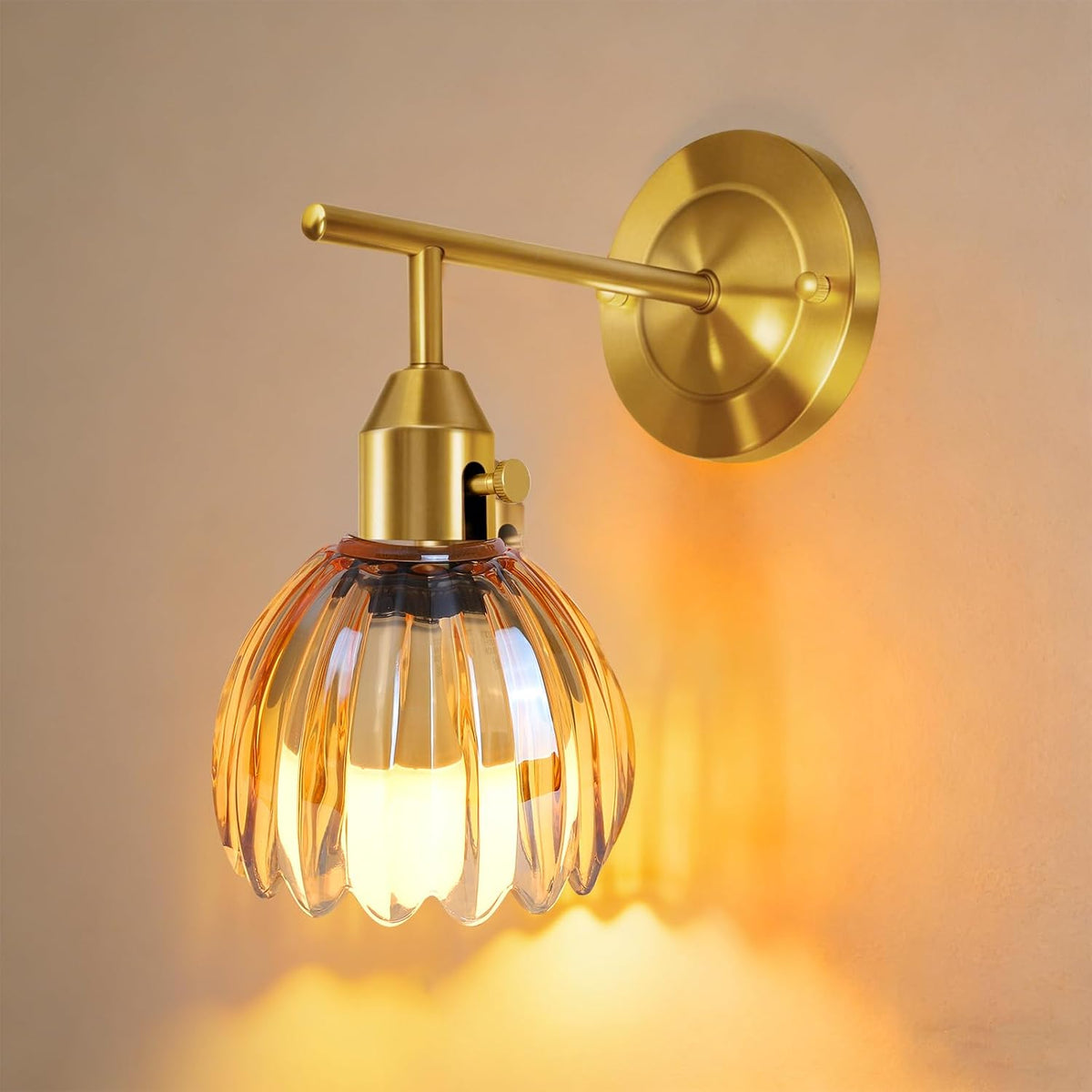 Vintage Brass Amber Tulip‑Glass Wall Sconces