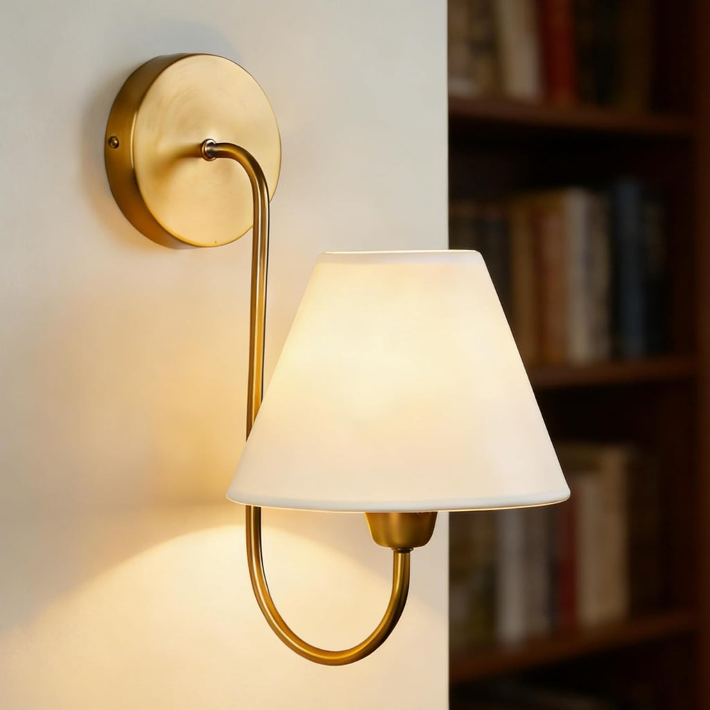 Antique Brass Linen‑Shade Swoop Wall Sconce