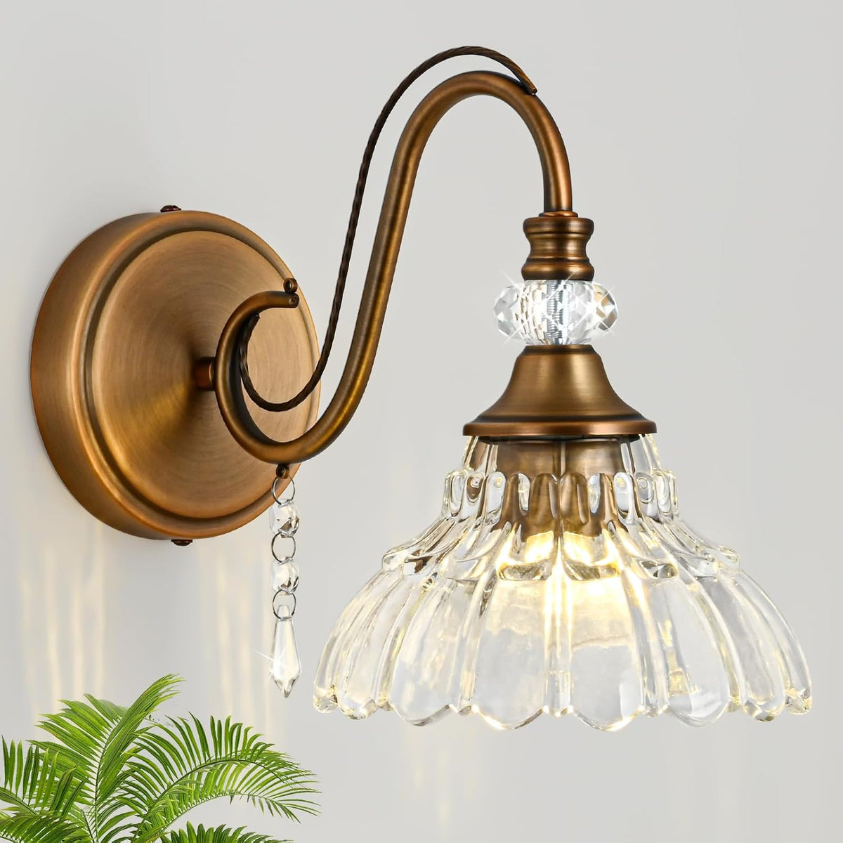 Vintage Brass Crystal Flower‑Shade Wall Sconce