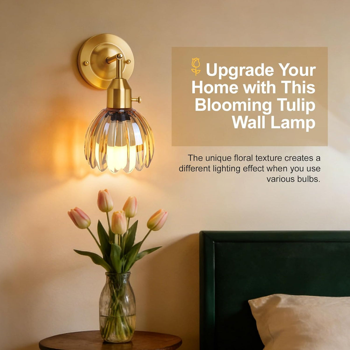 Vintage Brass Amber Tulip‑Glass Wall Sconces