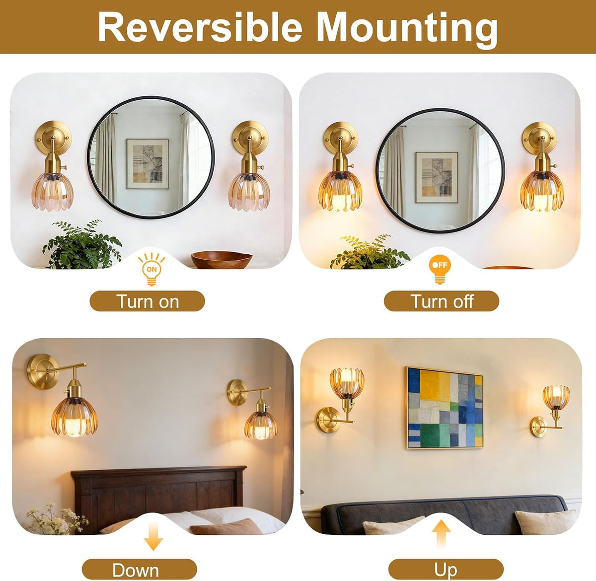 Vintage Brass Amber Tulip‑Glass Wall Sconces
