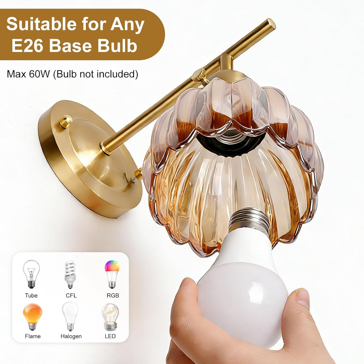Vintage Brass Amber Tulip‑Glass Wall Sconces