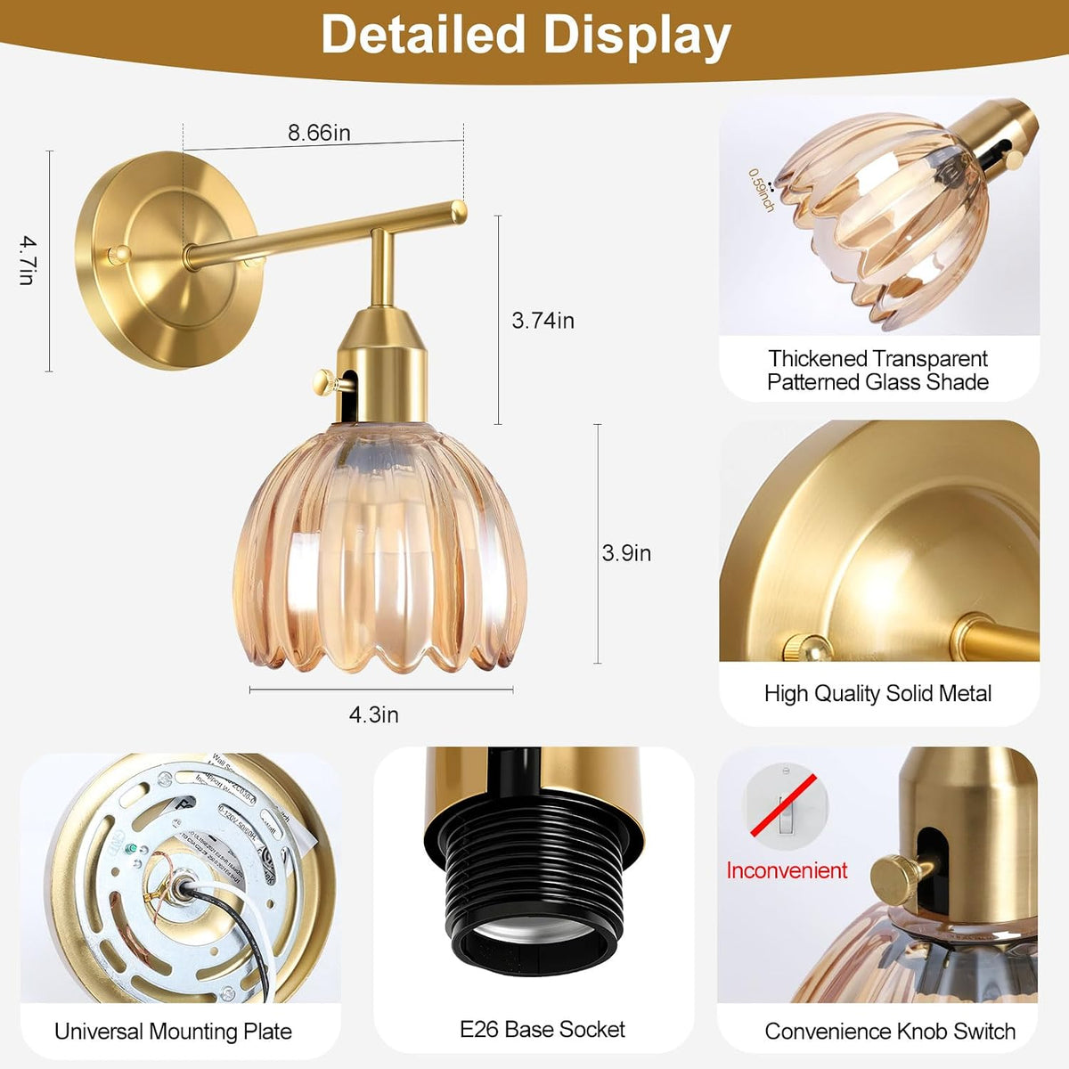 Vintage Brass Amber Tulip‑Glass Wall Sconces