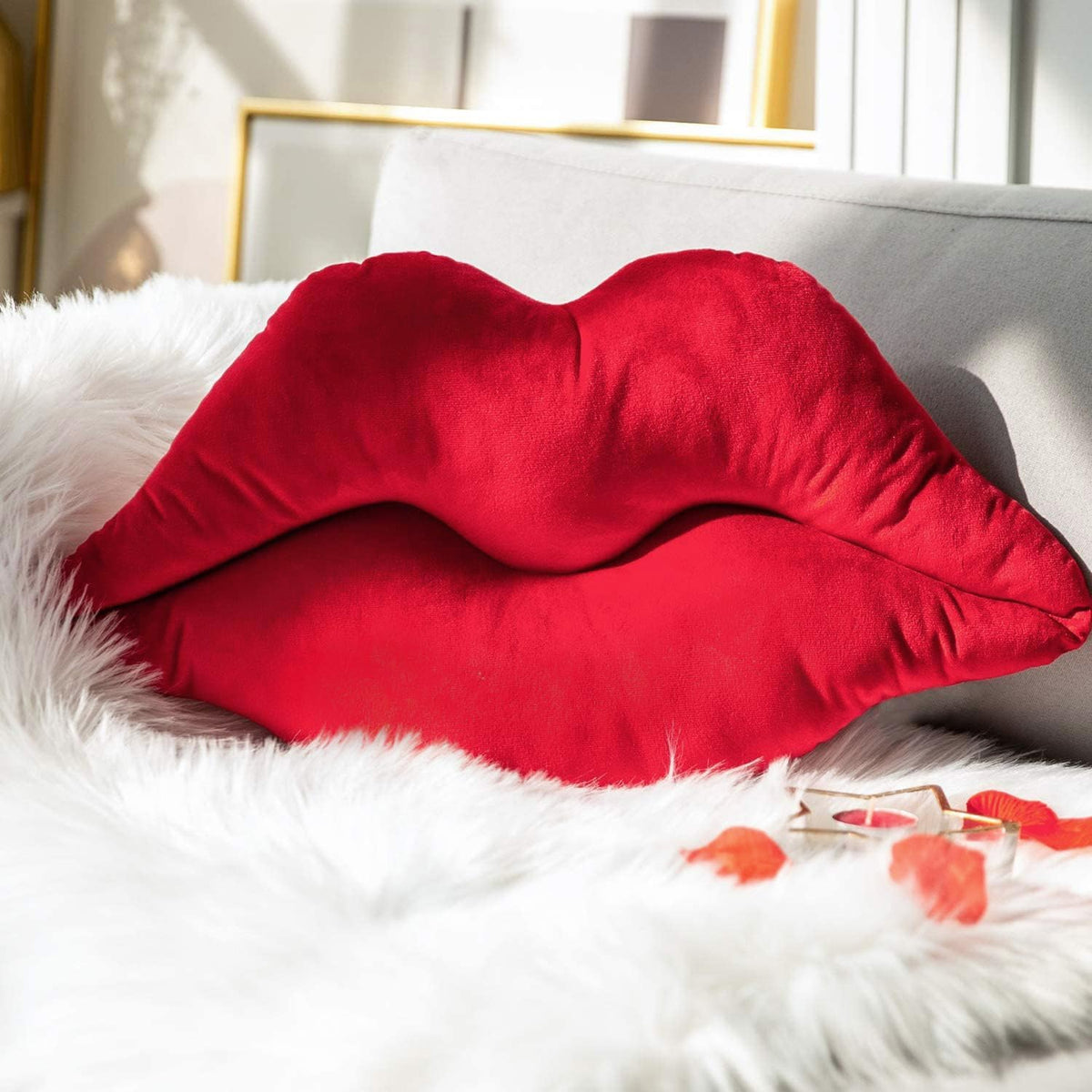 Velvet Lip‑Shaped Accent Throw Pillow