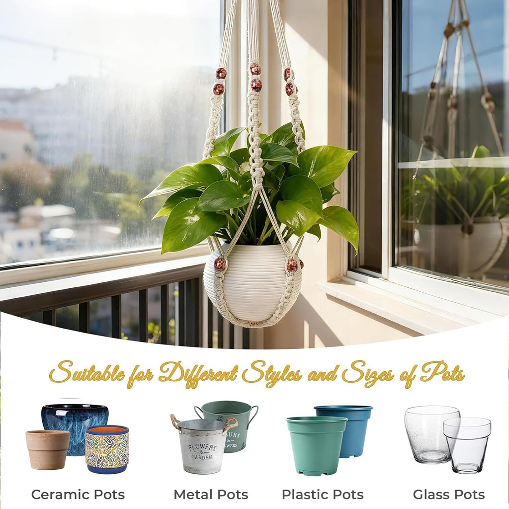 Wood‑Beaded Macrame Plant Hanger Basket