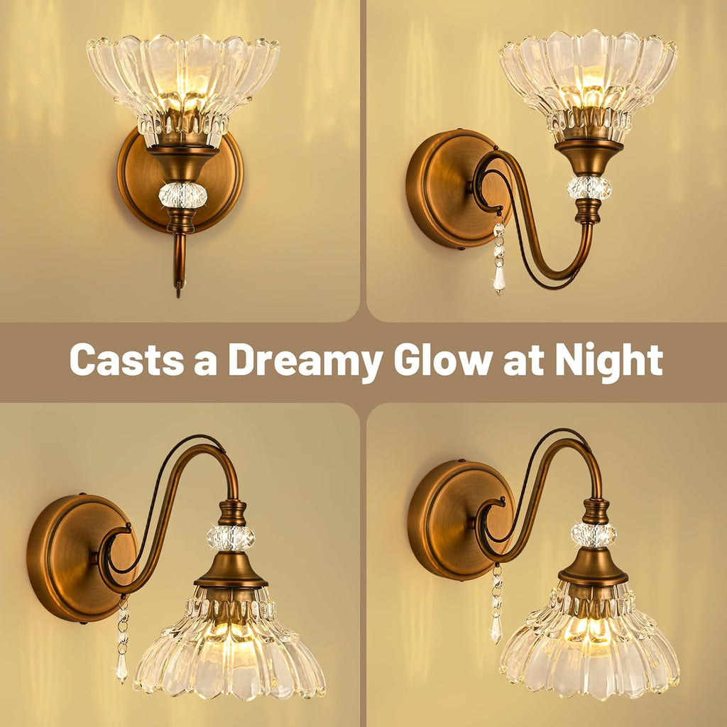 Vintage Brass Crystal Flower‑Shade Wall Sconce
