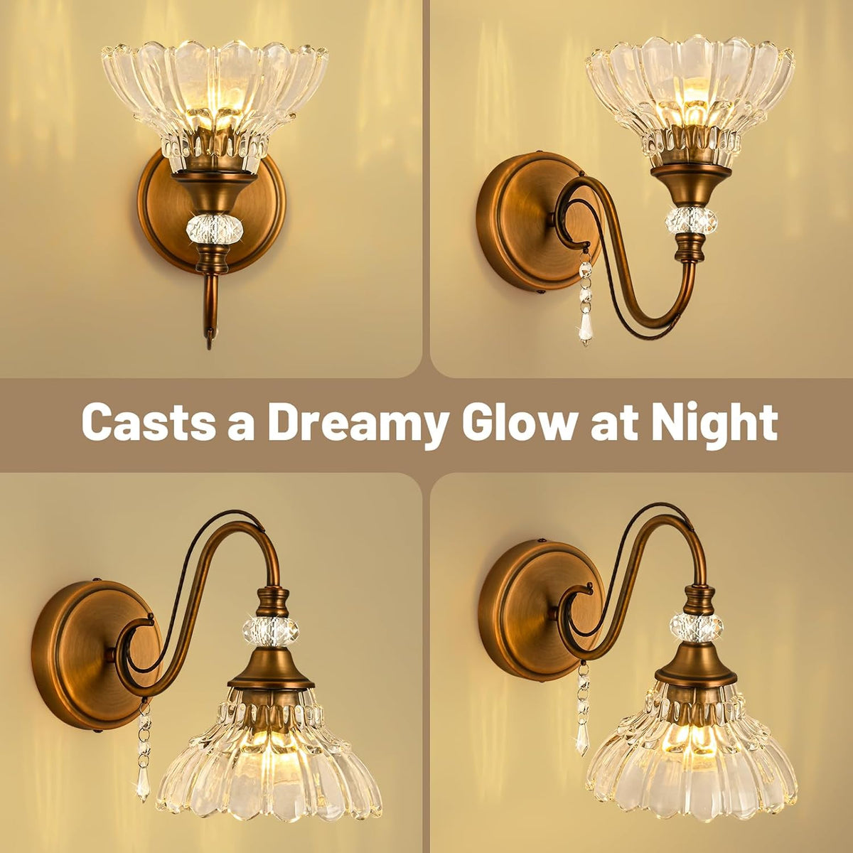 Vintage Brass Crystal Flower‑Shade Wall Sconce
