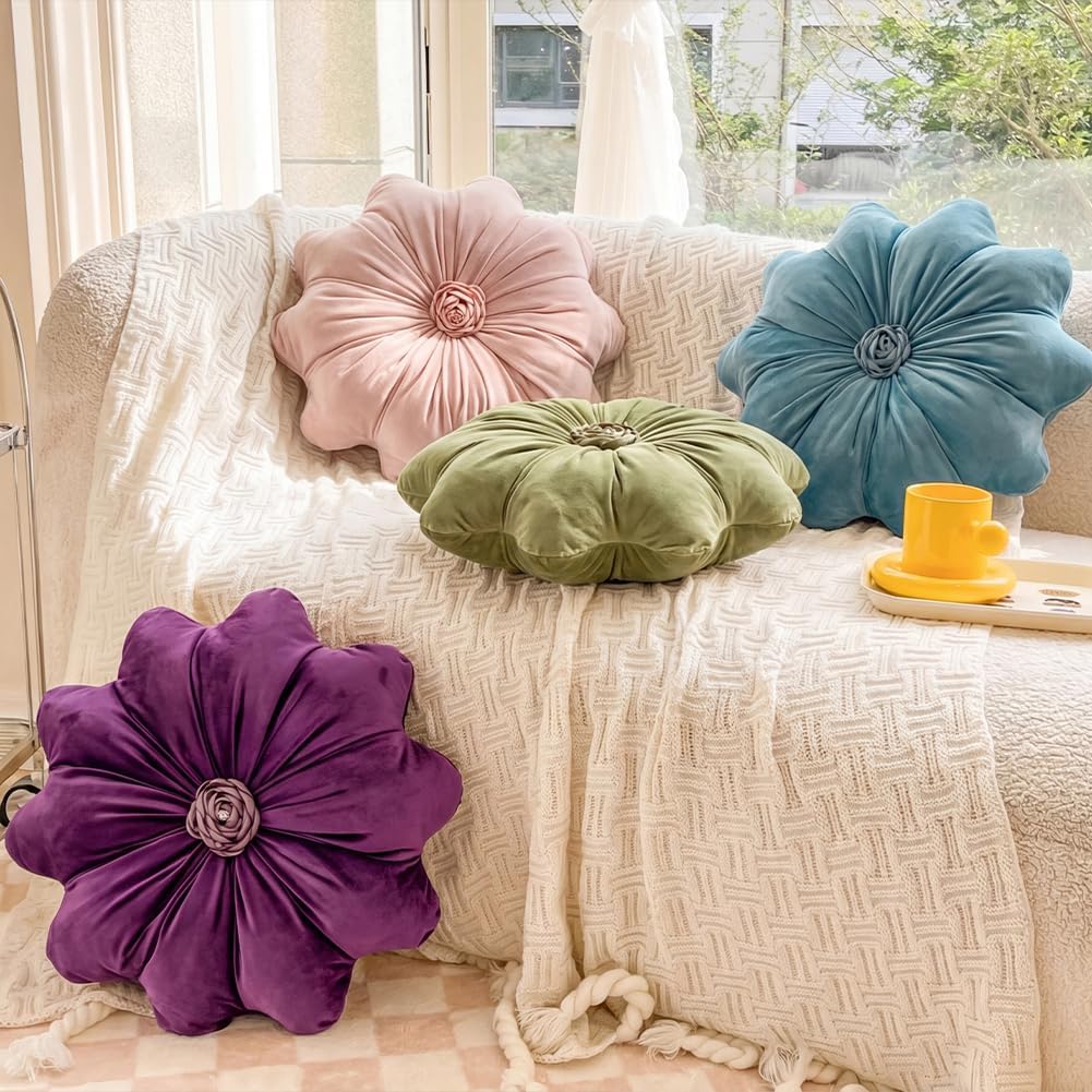 Velvet Flower‑Shaped Round Throw Pillow