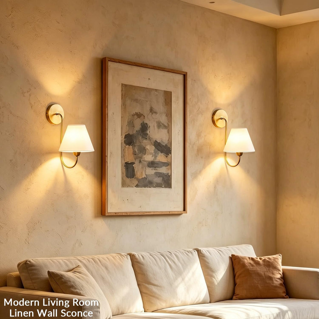 Antique Brass Linen‑Shade Swoop Wall Sconce