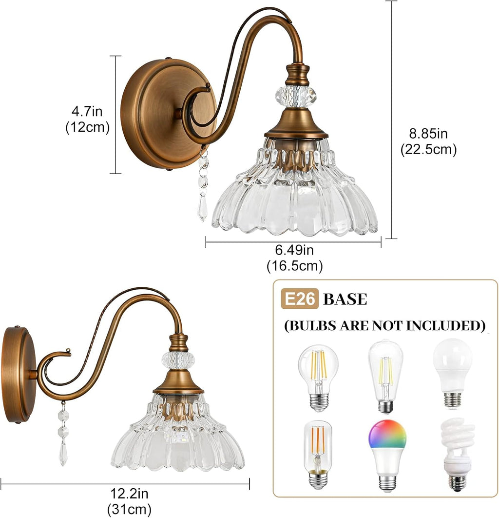 Vintage Brass Crystal Flower‑Shade Wall Sconce