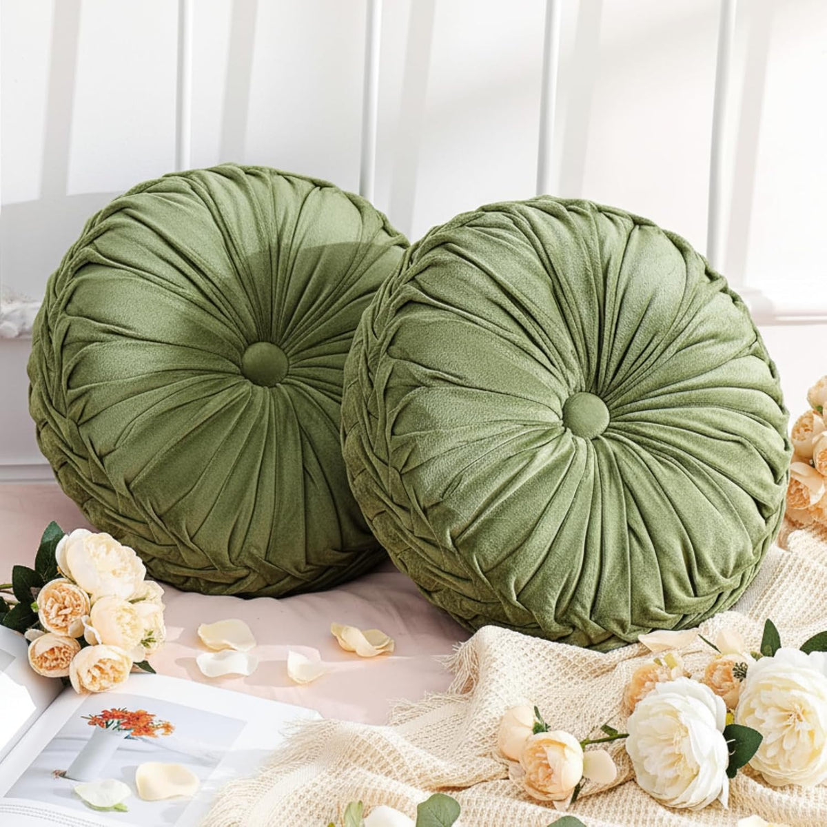 Pleated Velvet Round Decorative Throw Pillows