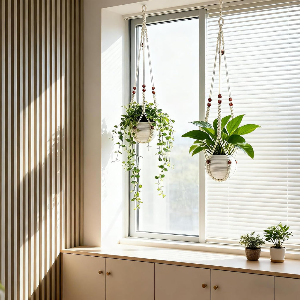 Wood‑Beaded Macrame Plant Hanger Basket