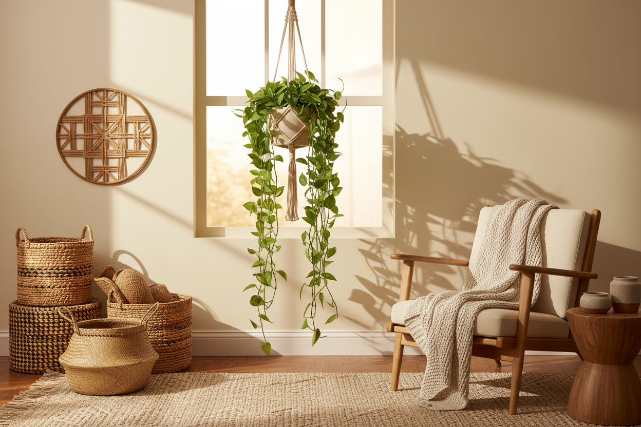 Macramé plant hanger scene